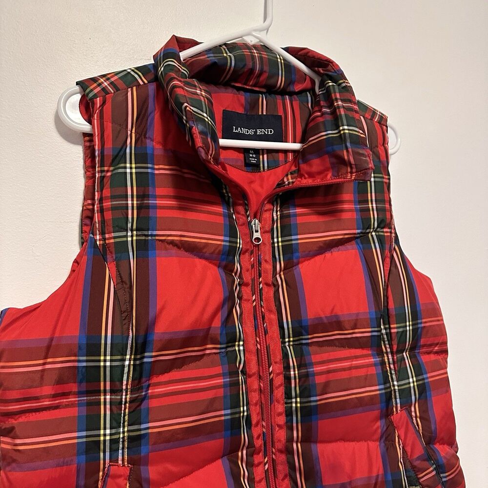 Lands End Womens Sz M Down Fill Red Tartan Plaid Puffer Vest Full Zip Preppy - Picture 2 of 6